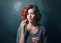 thoughtful woman holding a pill