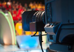 Video camera lens   recording show in TV studio